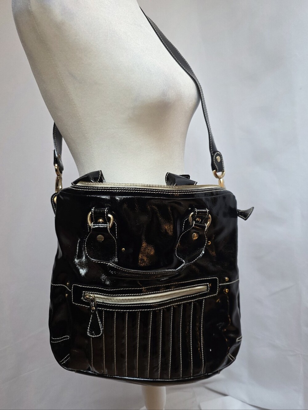 Claudia Firenze Black Patent Leather Shoulder Bag Large Zip Tote Italy